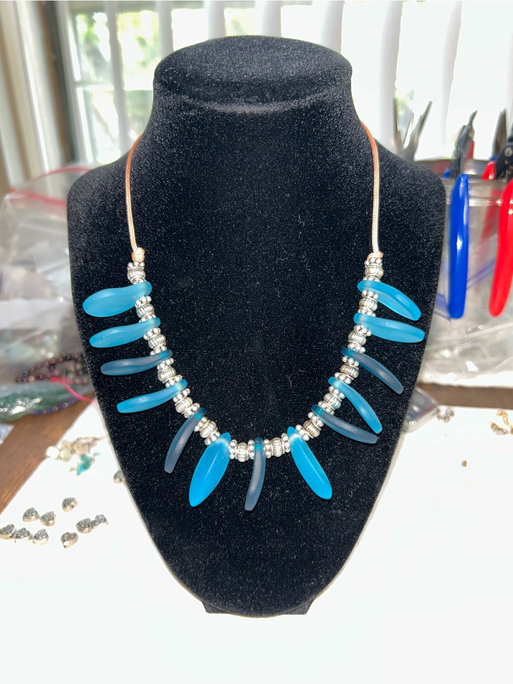 Sea glass Blue Beaded Dagger Necklace - Handmade Women Jewelry